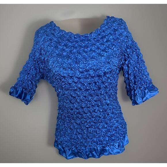 Vtg F C Royal Crinkle Pleated Stretch Top 3/4 Sleeve One Size Fits Boho Chic - Picture 1 of 2